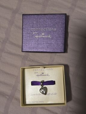Hallmark Silver Heart Charm Pendant with Purple Ribbon
